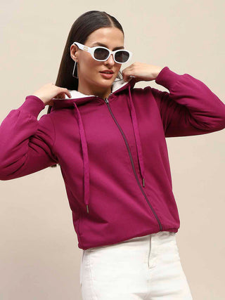 Madame Fur Hood Metal Detailed Plum Zipped Sweatshirt