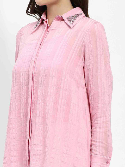 Madame Embroided Collar Pink Shirt