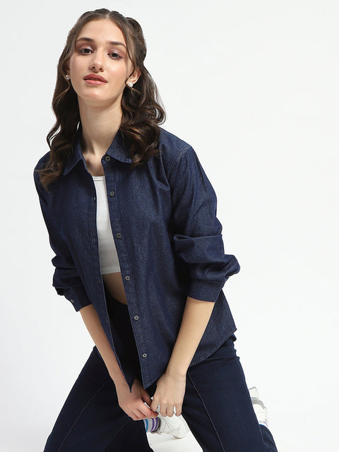 Madame Blue Wash Solid Blue Button Down Denim Shirt