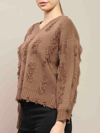 Madame Ripped Knitted V Neck Brown Sweater
