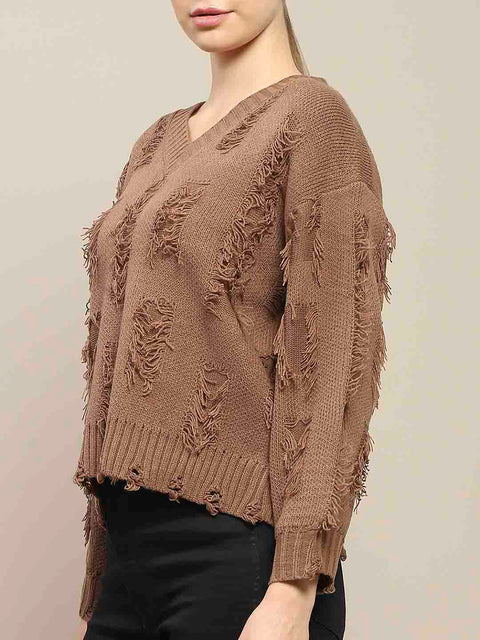 Madame Ripped Knitted V Neck Brown Sweater