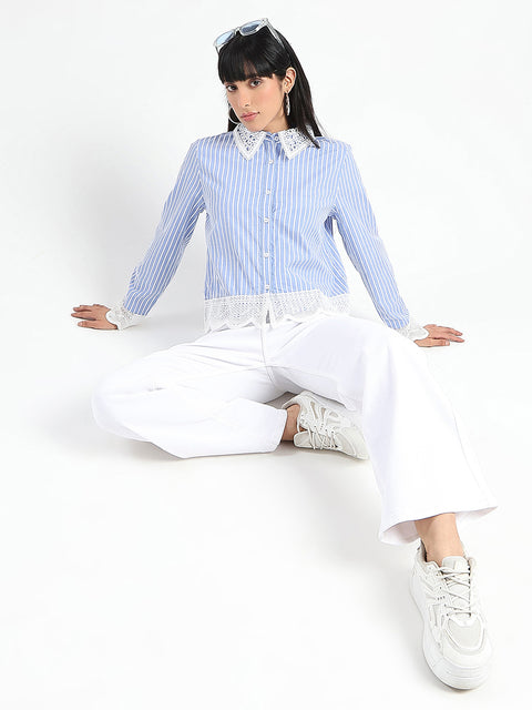 Madame Lace Detailed Cotton Blend Striped Blue Shirt