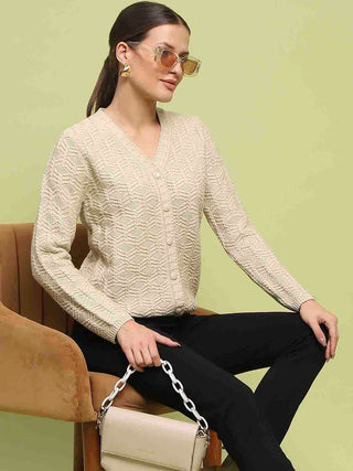 Madame Cable Knit V Neck Beige Cardigan