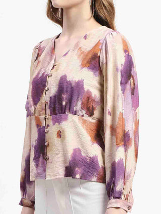 Madame Floral Print Button-Up Nylon Blend Top