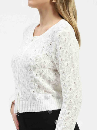 Madame Textured Round Neck Zip Up Off White Knit Top