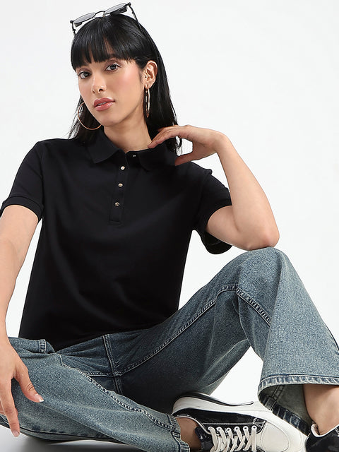 Madame Collared Solid Black Cotton Blend Polo T-Shirt