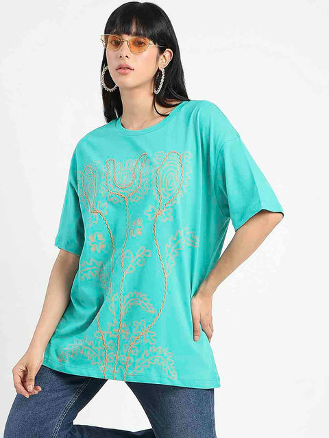 Madame Graphic Print Half Sleeve Peacock Green Cotton T-Shirt