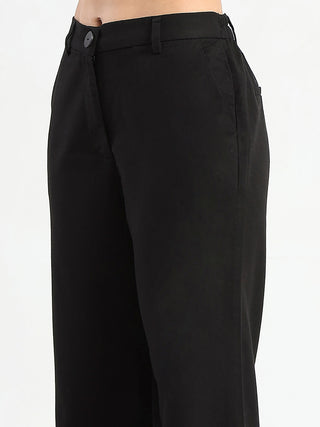 Madame Solid Black Wide Leg Rayon Blend Trousers