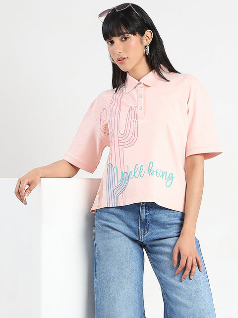 Madame Graphic Print Cotton Blend Peach Polo T-shirt
