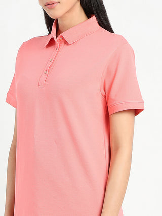 Madame Collared Solid Coral Cotton Blend Polo T-Shirt