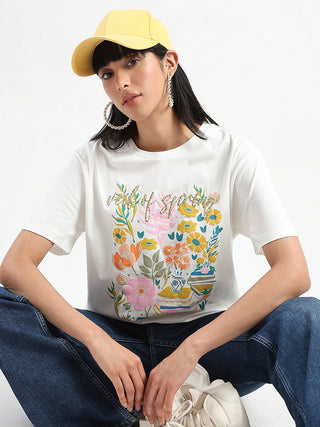 Madame Embroidered and Printed White Cotton T-shirt