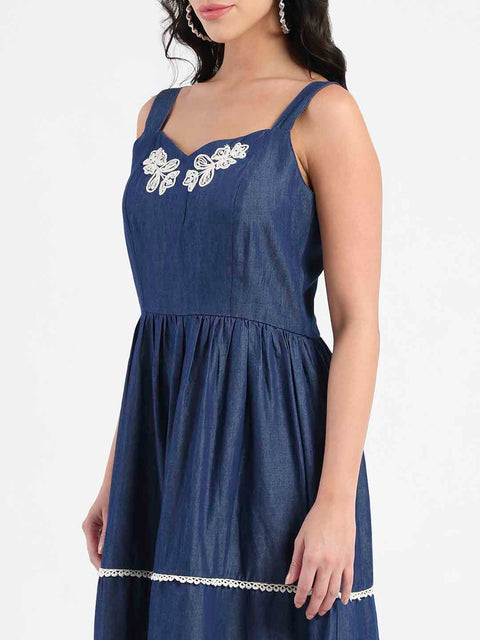 Madame Embroidered Tiered Hem Denim Maxi Dress