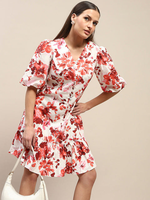 Madame Cotton Floral Print Tiered Red Mini Dress