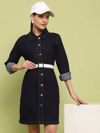 Madame Cotton Blend Belted Dark Indigo Mini Denim Dress