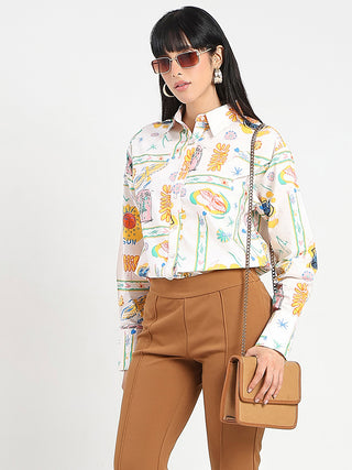 Madame All Over Print Beige Cotton Blend Shirt