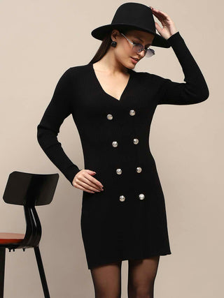 Madame Double Breasted V Neck Black Knitted Mini Dress