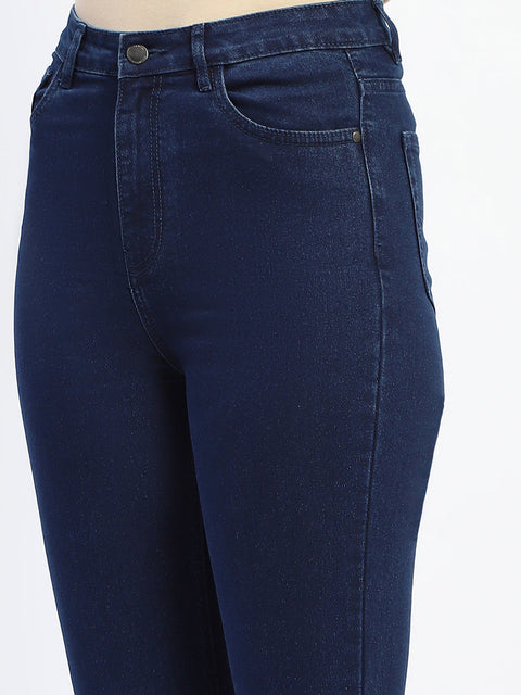 Madame Flared Solid Blue Cotton Blend Denim