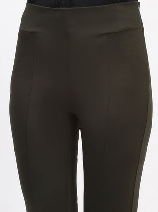 Madame Pleated Solid Olive Straight Trousers