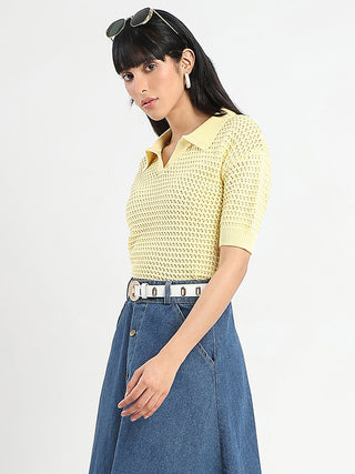 Madame Semi Sheer Yellow Cotton Knitted Top