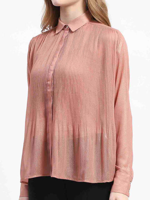 Madame Shimmer Pleated Hem Sheer Peach Shirt
