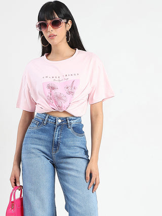 Madame Graphic Foil Print Handwork Detail Pink Cotton T-shirt