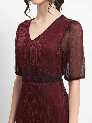 Madame Shimmery Corset Detailed Puff Sleeved Plum Midi Dress