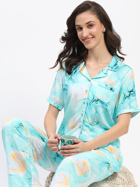 mSECRET Marble Print Button Down Aqua Night Suit