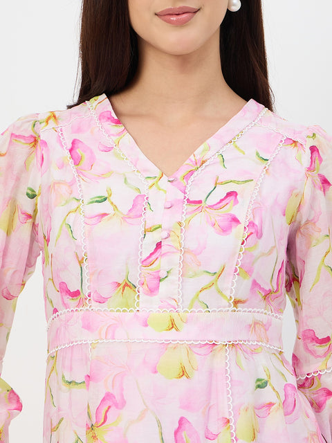 Madame Pink Floral Fit and Flare Tencel Midi Dress