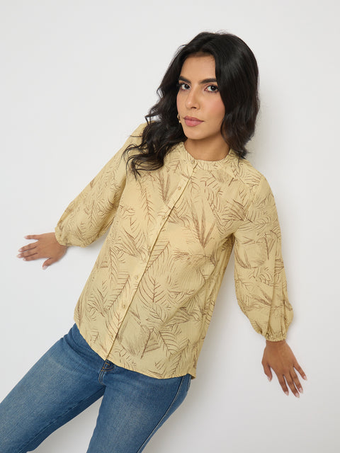 Madame Textured Botanical Print Mustard Yellow Top