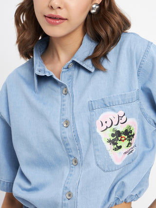 Madame Graphic Print Light Blue Cotton Shirt