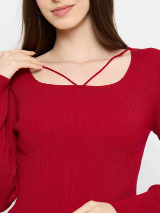 Madame Ribbed Knit Square Neck Red Crop Top