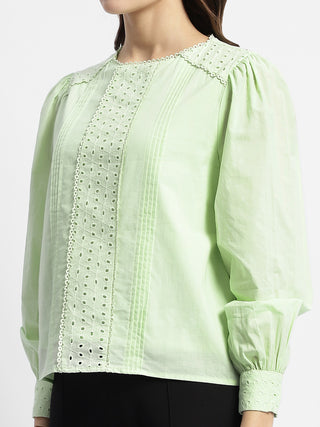 Madame Schiffli Adorned Puff Sleeve Mint Green Top