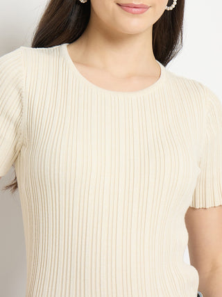 Madame Beige Viscose Blend Knitted T-Shirt