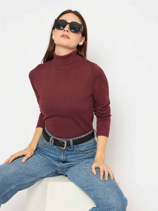 Madame Turtle Neck Ribbed Cuff Wine Red Sweater