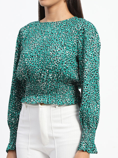 Madame Animal Print Cinch Waist Green Top