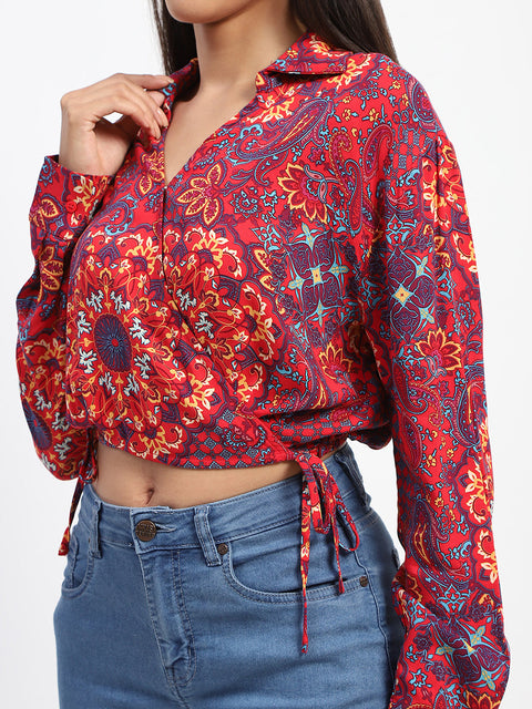 Madame Abstract Print Wrap Tie Detail Red Crop Top