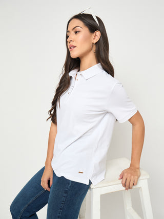 Madame Cotton Blend Solid White Polo T-shirt