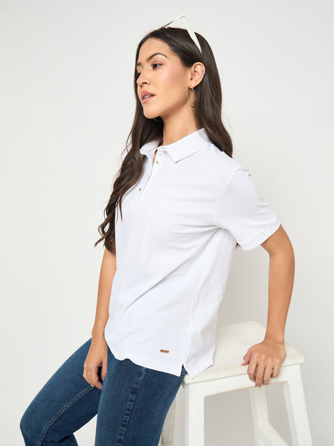 Madame Cotton Blend Solid White Polo T-shirt
