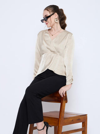 Madame Wrap Detailed V neck Full Sleeve Beige Peplum Top