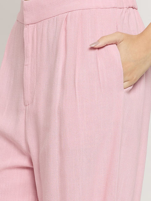 Madame Pink Rayon Linen Relaxed Fit Full Length Trousers