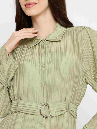 Madame Crushed Tissue Belted Moss Green Shirt Dress