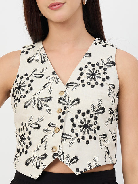 Madame Beige Embroidered Linen-Blend Vest Top