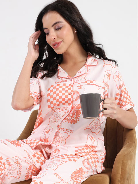 mSECRET Geometric Print Top and Bottoms Coral Pink Nightsuit