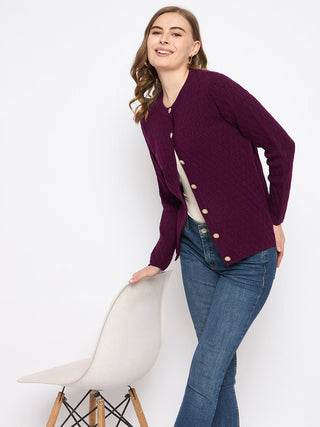 Madame Round Neck Wine Red Nylon Blend Cardigan