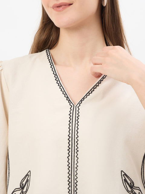 Madame Embroidery Beige Cotton Blend Top