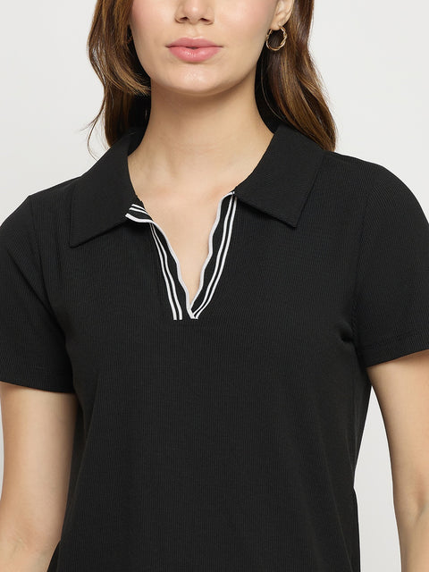 Madame Black Knit Polo Neck Short Sleeve T-Shirt