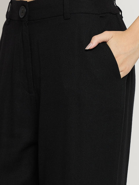 Madame Black Rayon Linen Straight Fit Ankle Trousers
