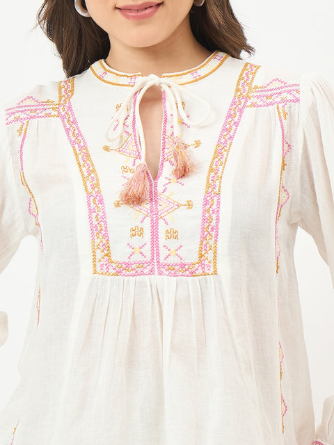 Madame Off-White Embroidered Cotton Mandarin Top