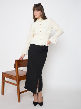 Madame Ruched Solid Black Pencil Skirt