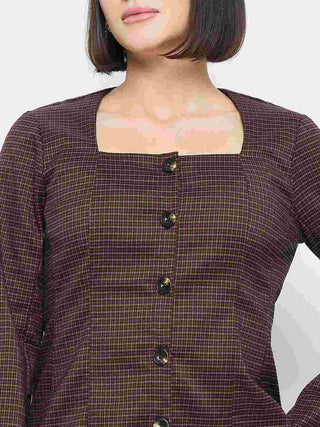 Madame Solid Button Down Brown Top